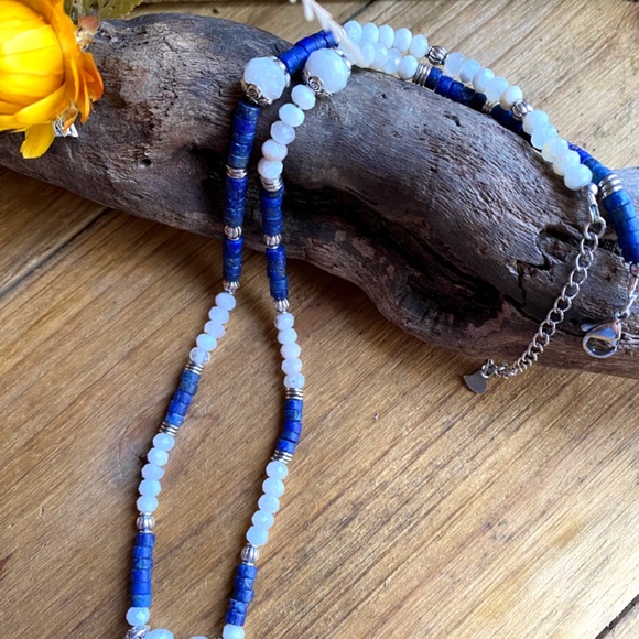 Genuine Moonstone + Lapis Lazuli Gemstone Necklace - Picture 10 of 10